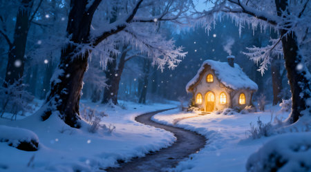 A serene path winds through a mystical winter forest, leading to a glowing fairy house. The enchanting scene is bathed in twilight's cool blues and whites, creating a fantasy winter landscape. Ideal for use in children's books, fantasy-themed marketing, or as a whimsical wallpaper. AI-generated illustration.の素材