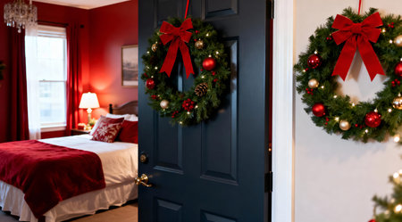 A warm and inviting bedroom scene featuring a beautifully decorated Christmas wreath on the door, enhancing the holiday spirit. The soft ambient lighting casts a gentle glow, creating a comforting atmosphere. Ideal for holiday home decor inspiration, interior design blogs, and festive marketing campaigns. AI-generated illustration.の素材