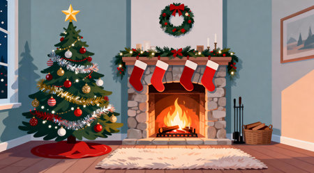 A warm and inviting Christmas scene featuring a beautifully decorated tree and a crackling fireplace. The vector illustration uses soft colors to create a peaceful and serene mood, ideal for holiday-themed advertisements, home decor inspiration, or festive social media posts. AI-generated illustration.の素材