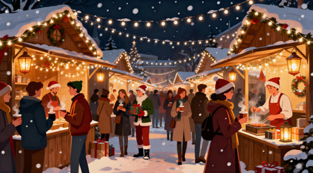 This vector-style image captures the essence of a festive Christmas market under the night sky, bustling with activity and illuminated by warm, twinkling lights. The lively atmosphere is enhanced by inviting colors that evoke a sense of holiday cheer. Ideal for use in seasonal promotions, holiday cards, and festive event advertisements. AI-generated illustration.の素材