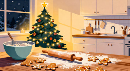 A warm and inviting kitchen scene featuring a beautifully decorated Christmas tree and a table set for holiday baking. The vector illustration uses soft colors to enhance the peaceful and joyful mood, ideal for festive advertisements, seasonal recipes, or home decor inspiration. AI-generated illustration.の素材