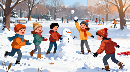 A vibrant vector illustration capturing a group of joyful children engaged in playful activities in a winter park. The scene is bathed in natural daylight, with the artwork utilizing a mix of cool and warm tones to enhance the cheerful and energetic mood. Ideal for use in educational materials, holiday promotions, or family-oriented content. AI-generated illustration.の素材