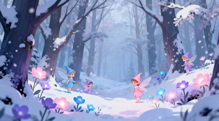 This enchanting scene depicts a mystical winter forest inhabited by whimsical elves surrounded by softly glowing flowers. The vector illustration uses a soothing pastel color palette and ethereal lighting to create a mysterious and magical atmosphere. Ideal for fantasy-themed designs, children's books, or holiday decorations. AI-generated illustration.の素材