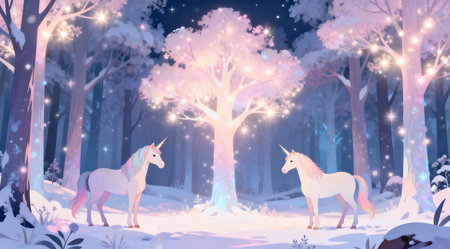 This enchanting scene depicts a mystical winter forest inhabited by unicorns, with trees emitting a soft glow. The illustration uses a vector style with pastel colors, creating an ethereal and mysterious ambiance. Ideal for use in fantasy-themed books, children's stories, or holiday decorations. AI-generated illustration.の素材