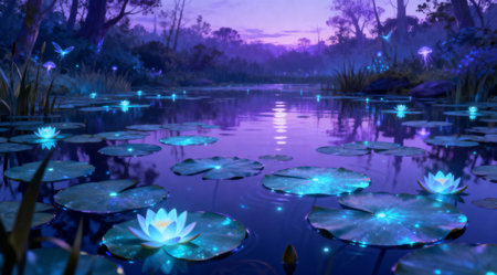 This digital artwork depicts a tranquil fairy pond at twilight, illuminated by a soft glow emanating from the water. The scene is bathed in gentle shades of purple and blue, with delicate lily pads floating on the surface. The serene and mystical atmosphere makes it ideal for fantasy-themed projects, book covers, or decorative prints. AI-generated illustration.の素材