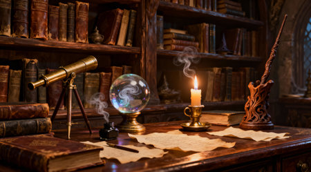 This fantasy interior showcases a wizard's study filled with ancient leather-bound books and mystical artifacts. The scene is bathed in the warm glow of candlelight, creating an enchanting atmosphere with deep brown and rich gold tones. Ideal for use in fantasy literature covers, role-playing game materials, or as a unique decorative element. AI-generated illustration.の素材