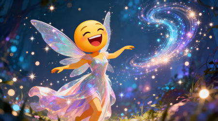 A whimsical digital artwork featuring a cheerful fairy emoji with a wide, laughing expression set against a backdrop of vibrant, swirling patterns in shades of purple, green, and blue. The lively colors and dynamic background create an enchanting and friendly atmosphere, ideal for use in digital communications or as a playful element in creative projects. AI-generated illustration.の素材