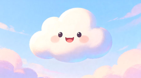 A whimsical digital artwork featuring a cheerful cloud emoji with a wide grin, set against a soothing pastel sky. The light-hearted composition uses soft shades of pink, lavender, and baby blue, creating a serene and playful atmosphere. Ideal for use in creative projects, social media graphics, or as a cheerful element in digital designs. AI-generated illustration.の素材
