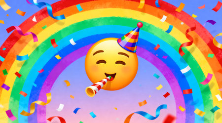 A vibrant digital artwork showcasing a stylized face adorned with a colorful party hat and a playful party horn emoji. The face is set against a dynamic rainbow gradient background, enhancing the celebratory mood. This joyful illustration could be ideal for birthday invitations, festive event promotions, or as a cheerful social media graphic. AI-generated illustration.の素材