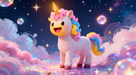 A whimsical digital artwork featuring a vibrant, grinning unicorn emoji set against a magical, swirling backdrop of soft pastel hues and shimmering stars. The playful composition and fresh color palette make it ideal for social media graphics, children's book illustrations, or as a fun element in digital designs. AI-generated illustration.の素材