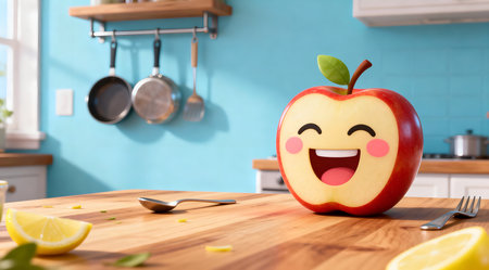 An artistic portrayal of a cheerful apple emoji with a wide, humorous grin placed centrally on a kitchen table. The setting is filled with bright, saturated colors including a vivid red for the apple, a sunny yellow table, and playful green accents around. This digital art piece captures a whimsical mood, ideal for use in light-hearted social media posts or as part of a fun, colorful design project. AI-generated illustration.の素材
