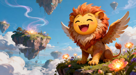 This digital artwork features a playful griffin emoji with a wide, giggling expression, set against a backdrop of a fantastical realm. The composition is filled with bold, vivid colors including electric blues, fiery oranges, and deep purples, creating a lively and dynamic atmosphere. The professional illustration style makes it ideal for use in digital media, gaming interfaces, or as a whimsical element in fantasy-themed designs. AI-generated illustration.の素材