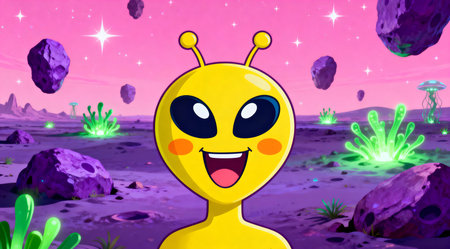This digital artwork features a playful alien emoji with a wide grin, set against a dynamic backdrop of swirling nebulae and distant planets in vivid shades of magenta, cyan, and electric blue. The composition uses bold, contrasting colors to create a lively and whimsical atmosphere, ideal for use in digital communications or as a fun element in creative projects. AI-generated illustration.の素材