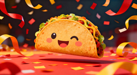 A playful digital artwork featuring a smiling taco emoji set against a lively, colorful backdrop. The taco is depicted with bright yellow and green hues, while the background bursts with a spectrum of red, blue, and orange, creating a joyful and energetic mood. Ideal for use in digital communications or social media to convey cheerfulness and fun. AI-generated illustration.の素材