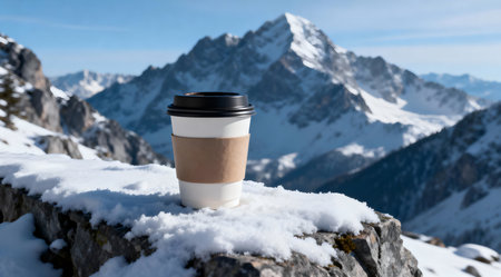 A digital artwork depicting a solitary coffee cup placed on a snowy mountain ledge, surrounded by towering peaks and crisp winter air. The scene is painted in cool blue and gray tones, emphasizing the serene and dramatic nature of the mountainous landscape. This piece could be used for thematic designs related to winter sports, outdoor adventures, or as a unique backdrop for digital media projects. AI-generated illustration.の素材