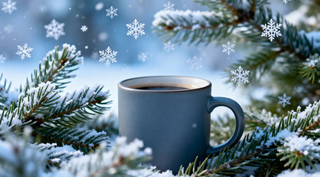 A coffee mug is depicted surrounded by lush green pine branches and delicate snowflakes, bathed in gentle winter lighting. The scene is rendered in cool blue and green hues, evoking a serene and tranquil atmosphere. This artistic composition could enhance winter-themed designs, seasonal greetings, or cozy home decor ideas. AI-generated illustration.の素材