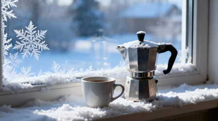 A detailed scene depicting a sleek, silver coffee pot and a matching cup resting on a snowy windowsill, bathed in the gentle light of a winter morning. The image uses a soft palette of blues and whites, creating a serene and frosty ambiance. This illustration could be ideal for winter-themed decor, cozy home settings, or seasonal promotional materials. AI-generated illustration.の素材