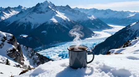 A steaming coffee mug is depicted on a snowy mountain overlook, featuring cool blue and white tones. The majestic winter scene captures the tranquility of nature with a professional touch, ideal for enhancing travel blogs or serene home decor. The composition highlights the contrast between the warm steam and the cold surroundings. AI-generated illustration.の素材