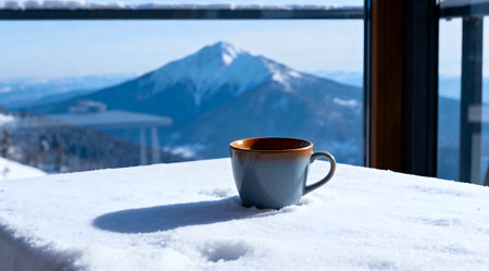 A steaming cup of coffee sits on a table dusted with fresh snow, viewed against a serene mountain landscape. The scene is bathed in soft winter light, creating a tranquil atmosphere. The color scheme is dominated by cool blues and whites, enhancing the peaceful mood. Ideal for winter-themed decor or relaxation-focused content. AI-generated illustration.の素材