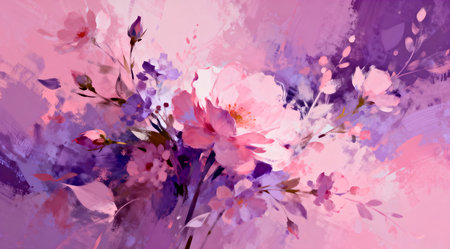 This digital artwork features an intricate abstract background adorned with a floral motif in gentle shades of pink and purple. The delicate and romantic design evokes a serene and soothing atmosphere, ideal for use in wedding invitations, romantic-themed graphics, or as a calming backdrop for personal projects. The soft, flowing lines of the pattern contribute to an overall sense of elegance and tranquility. AI-generated illustration.の素材