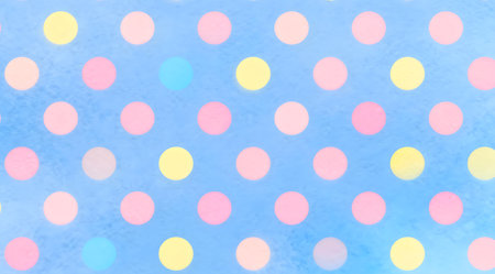 This image showcases a vibrant abstract pattern composed of small, evenly spaced polka dots in soft pastel hues including lavender, mint green, and baby pink. The playful and fun design creates a light-hearted and cheerful atmosphere, ideal for use in children's room decor, creative projects, or as a whimsical element in digital media. AI-generated illustration.の素材