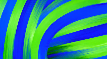 An energetic abstract design featuring a dynamic striped pattern in striking shades of blue and green. The vibrant color palette and lively composition evoke a sense of movement and vitality, ideal for creative projects requiring a bold visual impact. This artwork could enhance digital media, textiles, or modern interior decor. AI-generated illustration.の素材