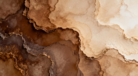 This image features a close-up view of an abstract textured surface, showcasing a rich palette of earthy browns and subtle beige hues. The organic pattern creates a sense of depth and movement, ideal for use in designs that require a natural and calming aesthetic. Perfect for backgrounds in digital art projects or as a design element in print media. AI-generated illustration.の素材