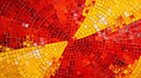 This abstract design features a dynamic mosaic pattern composed of intense red and yellow tiles arranged in a bold, striking layout. The vivid colors and sharp edges create a lively and energetic atmosphere, ideal for use in creative projects requiring a bold visual impact. The pattern's intricate design can enhance digital artworks, posters, or any project needing a splash of color and movement. AI-generated illustration.の素材