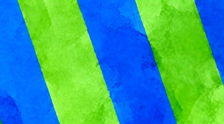 This artistic composition features a dynamic striped pattern with vivid shades of blue and green, creating a lively and vibrant abstract background. The bold stripes intersect at various angles, forming an energetic and modern visual effect. Ideal for use in digital media, print designs, or as a creative backdrop for presentations. AI-generated illustration.の素材