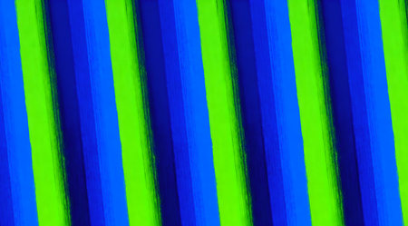An energetic abstract composition featuring a dynamic striped pattern with intense shades of blue and green. The vibrant colors and bold lines create a lively and modern aesthetic, ideal for use in digital art projects, website backgrounds, or as a striking visual element in creative designs. AI-generated illustration.の素材