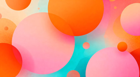 This digital artwork features a lively composition of overlapping circles in vivid orange and soft pink hues, creating a playful and dynamic abstract background. The warm color palette evokes a sense of energy and joy, suitable for creative projects needing a cheerful and vibrant touch. Ideal for use in graphic design, digital media, or as a decorative element in modern spaces. AI-generated illustration.の素材