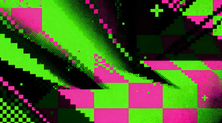 This image features a dynamic abstract background composed of a pixelated pattern in vibrant neon green and pink hues. The modern and edgy design creates a visually striking effect, ideal for digital art projects, futuristic themes, or as a bold statement in graphic design. The sharp contrast and geometric pixelation evoke a sense of technology and innovation. AI-generated illustration.の素材