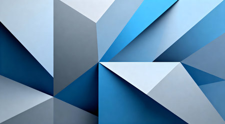 This image features an array of sleek geometric shapes arranged in a modern, abstract composition. The color palette consists of soothing cool blues and subtle grays, creating a calm and contemporary atmosphere. Ideal for use in digital design projects, website backgrounds, or as a stylish visual element in presentations. AI-generated illustration.の素材