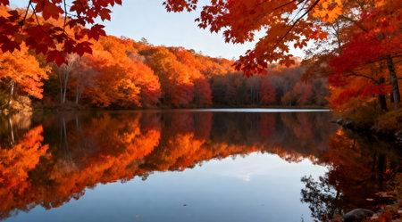 A wide-angle view captures the tranquility of a lake surrounded by trees in autumn colors. The reflection of the trees in the water showcases shades of warm orange and deep red, creating a serene and picturesque scene. This image could be used for nature-themed projects or as a calming backdrop in digital media. AI-generated illustration.の素材