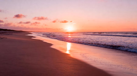 This artistic depiction captures the tranquility of a beach at sunrise, featuring a wide-angle view of the horizon. The scene is bathed in soft, warm orange and pink tones, creating a soothing atmosphere. Ideal for use in travel brochures, relaxation-themed websites, or as a serene backdrop for digital art projects. AI-generated illustration.の素材