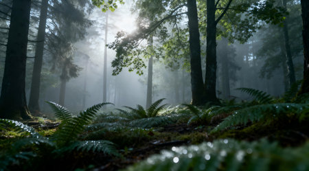 An atmospheric depiction of a foggy morning within a thick woodland, characterized by subtle shades of cool green and soft gray. The scene is bathed in diffused light, enhancing the serene and mysterious ambiance of the forest. Ideal for use in editorial content focused on nature, tranquility, and environmental themes. AI-generated illustration.の素材