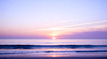 This image captures the tranquil essence of the ocean at dusk, featuring a wide-angle view of the horizon. The sky and water are painted in soft pastel colors, ranging from pale pinks to light purples and blues. The artistic photography style enhances the natural lighting, creating a serene and calming atmosphere. Ideal for use in meditative spaces, relaxation therapy materials, or as a soothing backdrop in digital designs. AI-generated illustration.の素材
