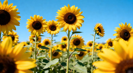 A colorful depiction of a sunflower field with bright yellow petals and dark centers stretching towards a vivid blue sky. The image captures the essence of summer with its cheerful hues and natural daylight setting. Ideal for use in environmental or agricultural-themed projects. AI-generated illustration.の素材