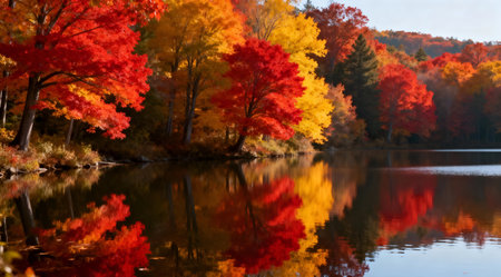 This image captures a serene lake enveloped by a forest showcasing the peak of autumn colors. The scene is dominated by bright reds, deep oranges, and golden yellows of the leaves, reflecting in the calm waters. The artistic style enhances the natural beauty, making it ideal for use in seasonal decor, nature-themed publications, or as a tranquil backdrop for digital designs. AI-generated illustration.の素材