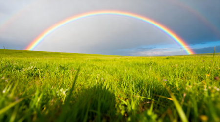 A striking rainbow with distinct bands of red, orange, yellow, green, blue, indigo, and violet arches gracefully over a verdant meadow filled with emerald and lime green grasses. The natural lighting enhances the vivid colors, creating a serene and joyful scene. Ideal for use in educational materials about weather phenomena or as a cheerful element in graphic design projects. AI-generated illustration.の素材