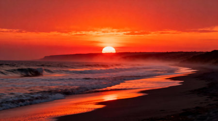 This digital artwork captures a stunning sunset over a coastal landscape, featuring a wide-angle view that emphasizes the expansive horizon. The scene is bathed in warm orange and red tones, creating a dramatic and serene atmosphere. Ideal for use in travel blogs, nature-themed websites, or as a striking visual for environmental discussions. AI-generated illustration.の素材