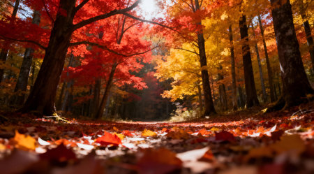 This wide-angle image captures the essence of autumn with a vivid display of red, orange, and yellow foliage. The natural lighting enhances the warm tones, creating a serene and inviting atmosphere. Ideal for use in seasonal decor, nature-themed projects, or as a backdrop for creative designs. AI-generated illustration.の素材