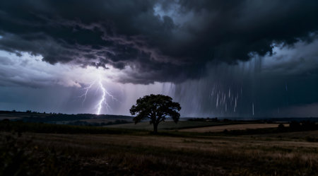 An intense thunderstorm scene captures the raw power of nature, with ominous dark gray clouds dominating the sky above a serene rural landscape. The image features a stark contrast between the turbulent weather and the calm, green fields below, all portrayed in an artistic, moody style. Ideal for environmental or weather-themed projects. AI-generated illustration.の素材