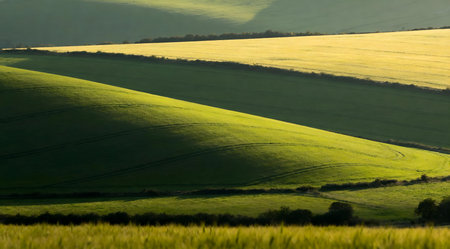 This image captures a tranquil rural landscape featuring gently rolling hills bathed in soft shades of green and yellow. The wide-angle perspective enhances the feeling of openness and peace, ideal for use in environmental or relaxation-themed designs. The color palette and composition evoke a sense of calm and connection with nature. AI-generated illustration.の素材