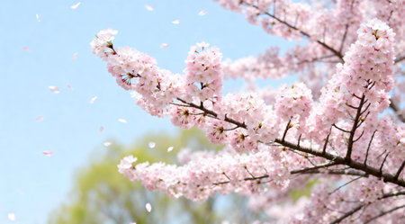 This image captures a cherry blossom tree with delicate pink flowers in full bloom, set against a serene sky of soft baby blue. The natural light enhances the vibrant spring colors, creating a tranquil and refreshing scene. Ideal for use in seasonal greetings, environmental campaigns, or as a serene backdrop for digital designs. AI-generated illustration.の素材