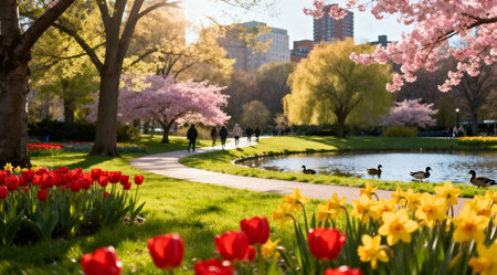 This image captures a lively urban park scene in spring, featuring a vivid display of red and yellow tulips alongside delicate pink cherry blossoms. The lush green grass and natural sunlight enhance the park's serene atmosphere, ideal for editorial use in publications focusing on urban life and seasonal beauty. AI-generated illustration.の素材