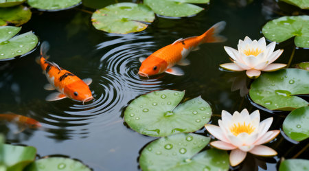 This artistic image captures a tranquil pond scene featuring vibrant koi fish swimming among delicate water lilies. The soft palette of green and orange hues enhances the peaceful atmosphere, ideal for use in relaxation-themed designs or as a calming visual in home decor. The composition emphasizes the natural beauty and serenity of the setting. AI-generated illustration.の素材