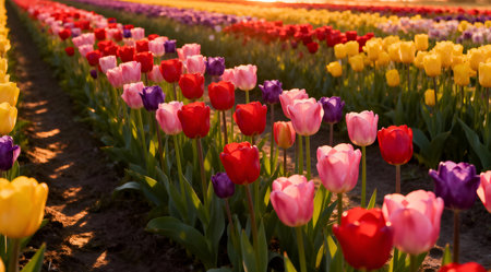 This image captures a stunning sunset scene with a field of tulips in various shades of red, pink, yellow, and orange. The sun's rays cast a warm glow across the landscape, enhancing the vivid colors of the flowers. The composition highlights the natural beauty and serenity of the setting, making it ideal for use in home decor, nature-themed publications, or as a calming visual for personal enjoyment. AI-generated illustration.の素材