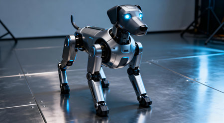 This image features a sleek, modern robot dog with a silver and blue metallic finish, positioned on a reflective metallic floor. The studio lighting enhances the cool metallic colors, emphasizing the innovative design and advanced robotics. This illustration could be used in technology-themed publications or as a futuristic pet concept in creative projects. AI-generated illustration.の素材