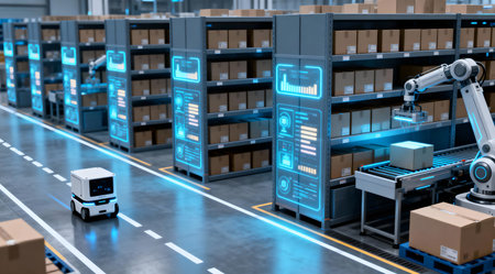 This image showcases a sophisticated retail logistics system with AI-driven inventory management and autonomous delivery vehicles. The scene is illuminated by industrial lighting, featuring cool blue and gray tones that emphasize a professional and high-tech environment. Ideal for illustrating concepts in smart retail technology and supply chain innovations. AI-generated illustration.の素材